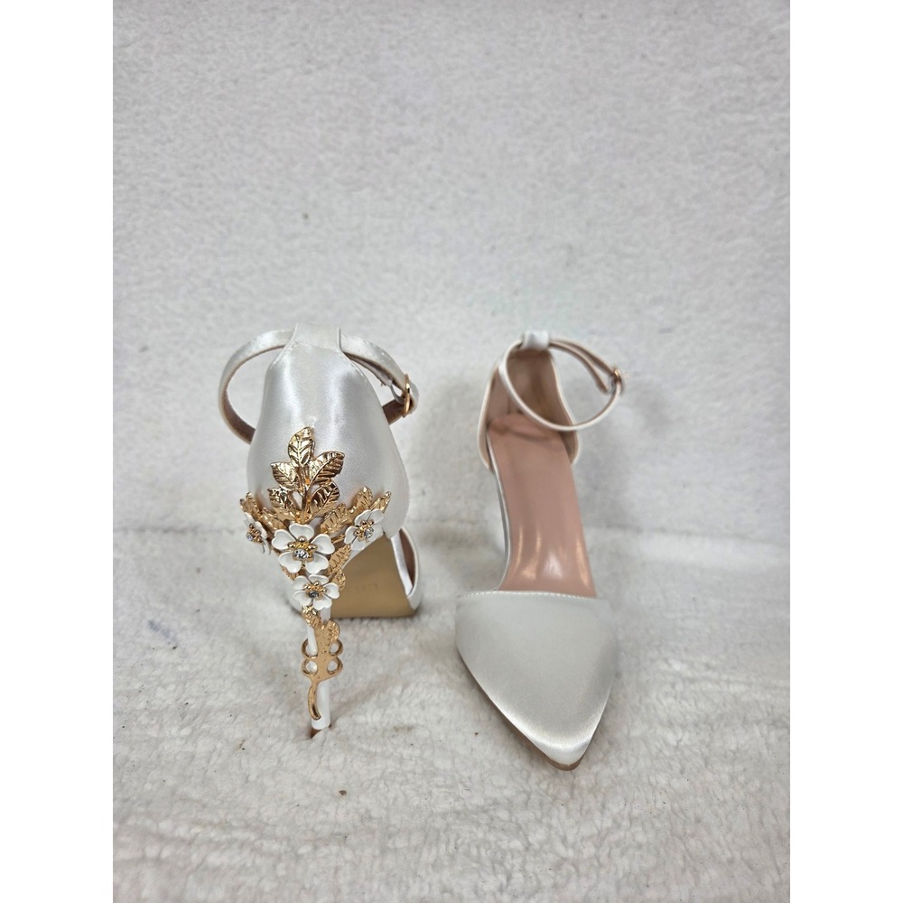 White Satin Bridal Heels Gold Floral Filigree Pointed Toe Ankle Strap Pumps CN39